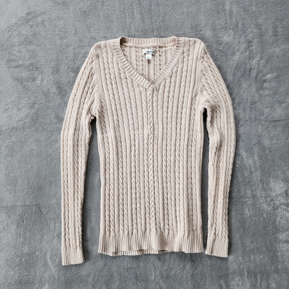Croft & Barrow Cream Cable Knit Long Sleeve V-Neck Sweater